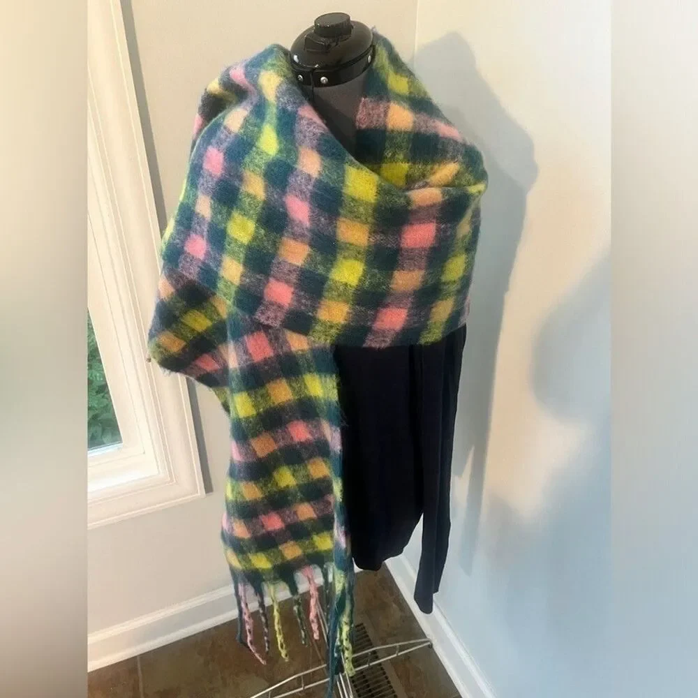 Natasha Multi Colored Plaid Blanket Scarf fringe Plaid Shawl Oversized NWT
